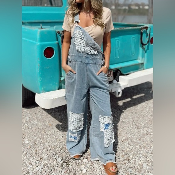 NWT POL Boho Patchwork Crochet Jean Denim Overalls - Picture 12 of 15